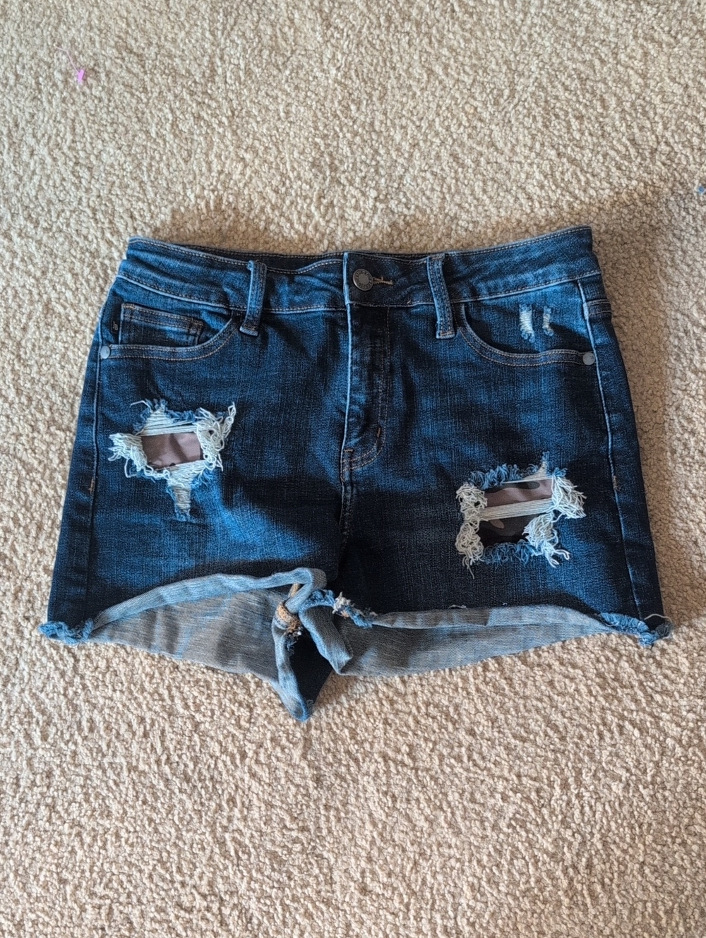 Judy Blue Distressed Dark Blue Denim Women's Shorts Camo Patches